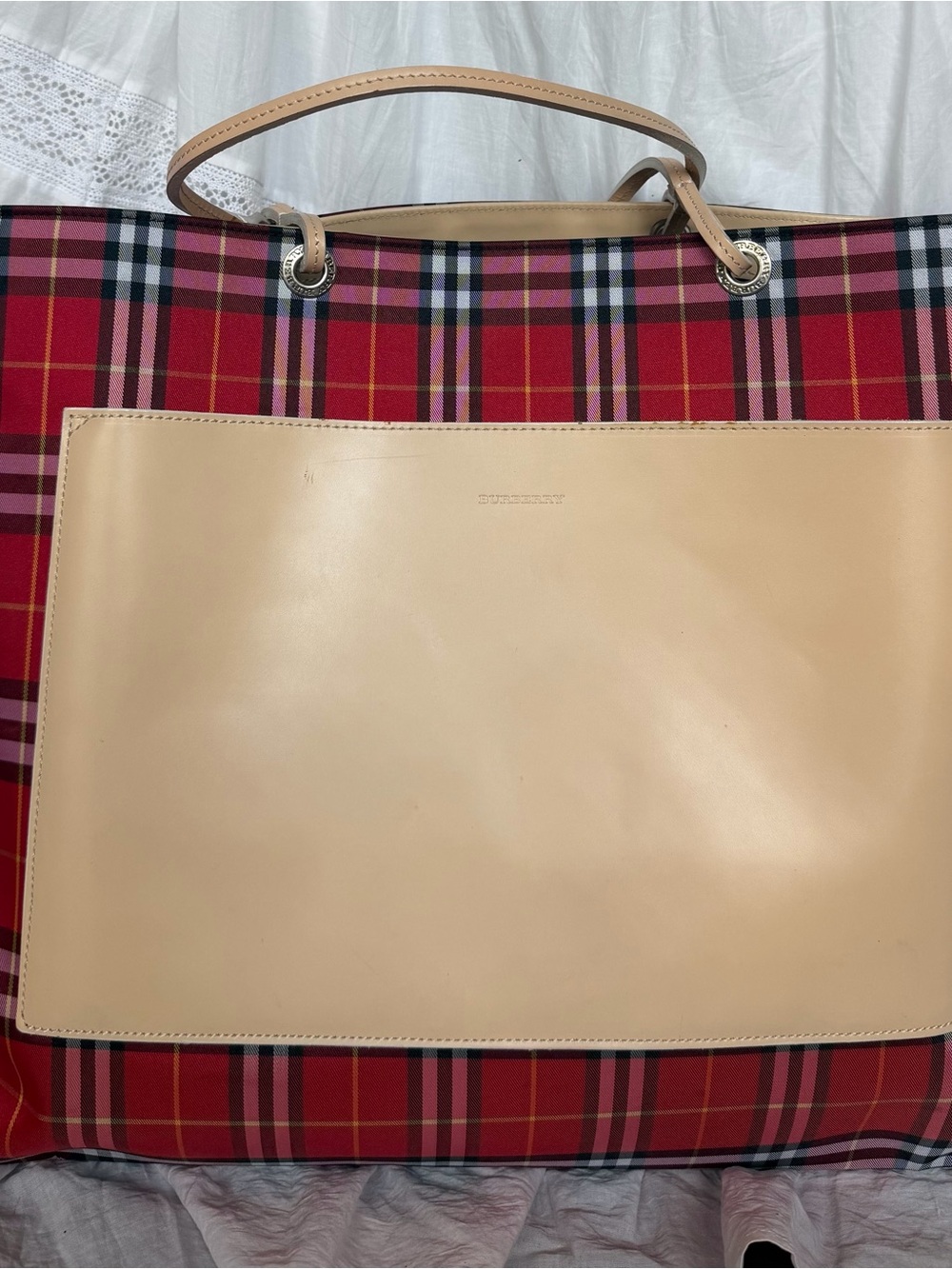 Burberry Red Plaid Tote with Beige Leather Panel